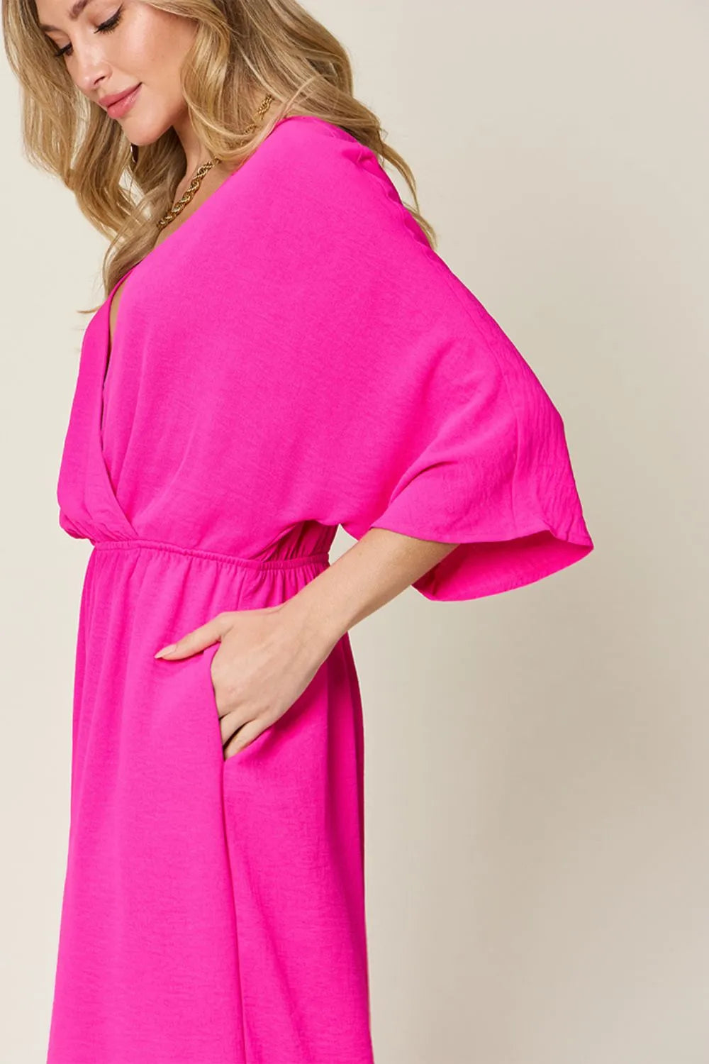 Plus Size Surplice Wide Leg Jumpsuit with Pockets in Hot Pink for Women