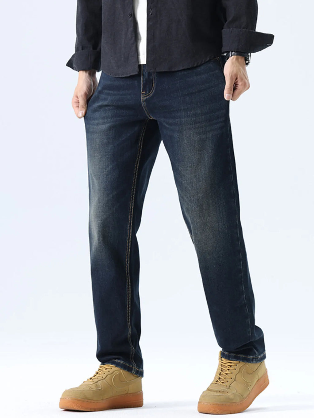 Straight Leg Washed Jeans in Dark Navy for Men