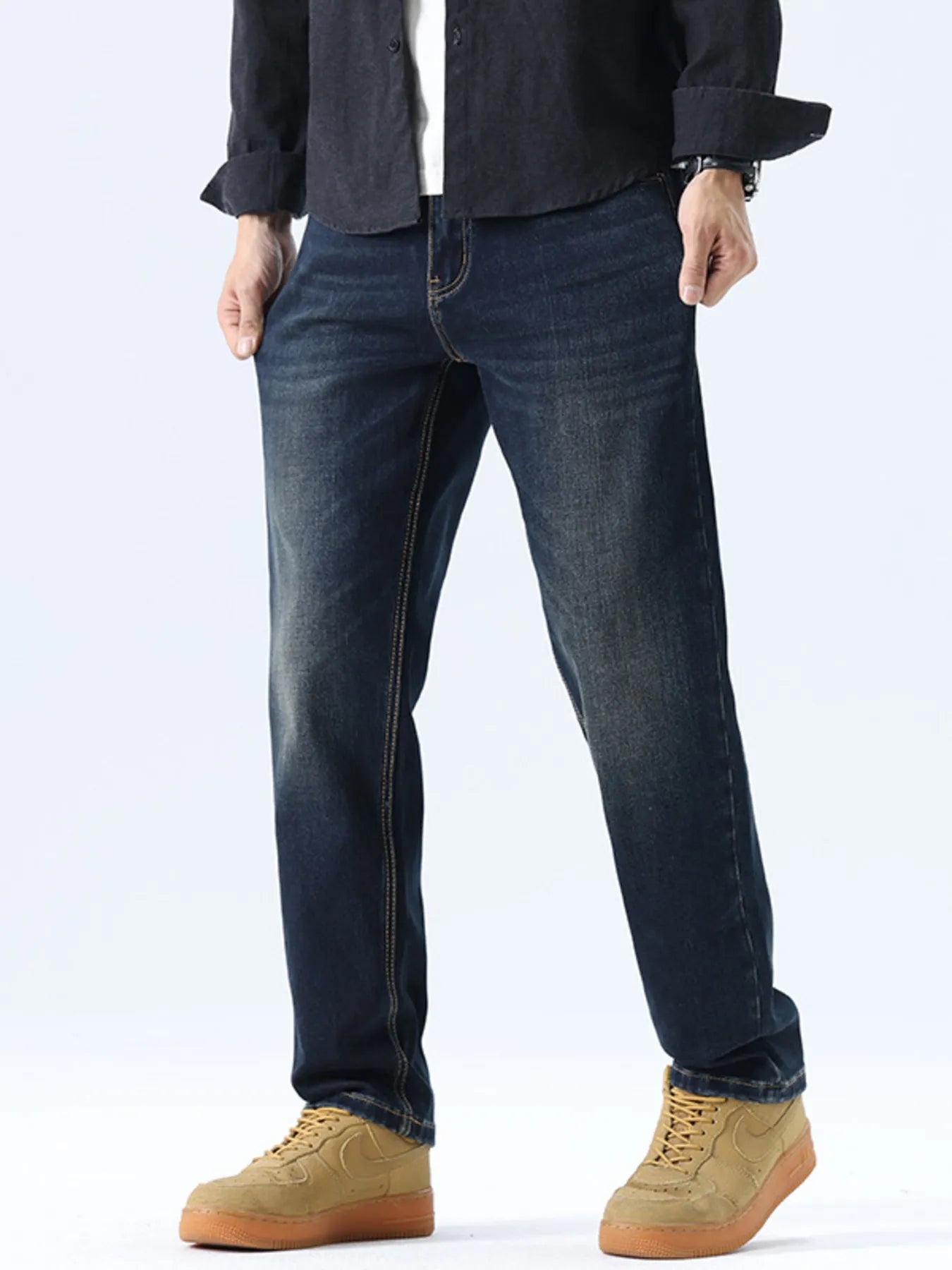 Straight Leg Washed Jeans in Dark Navy for Men