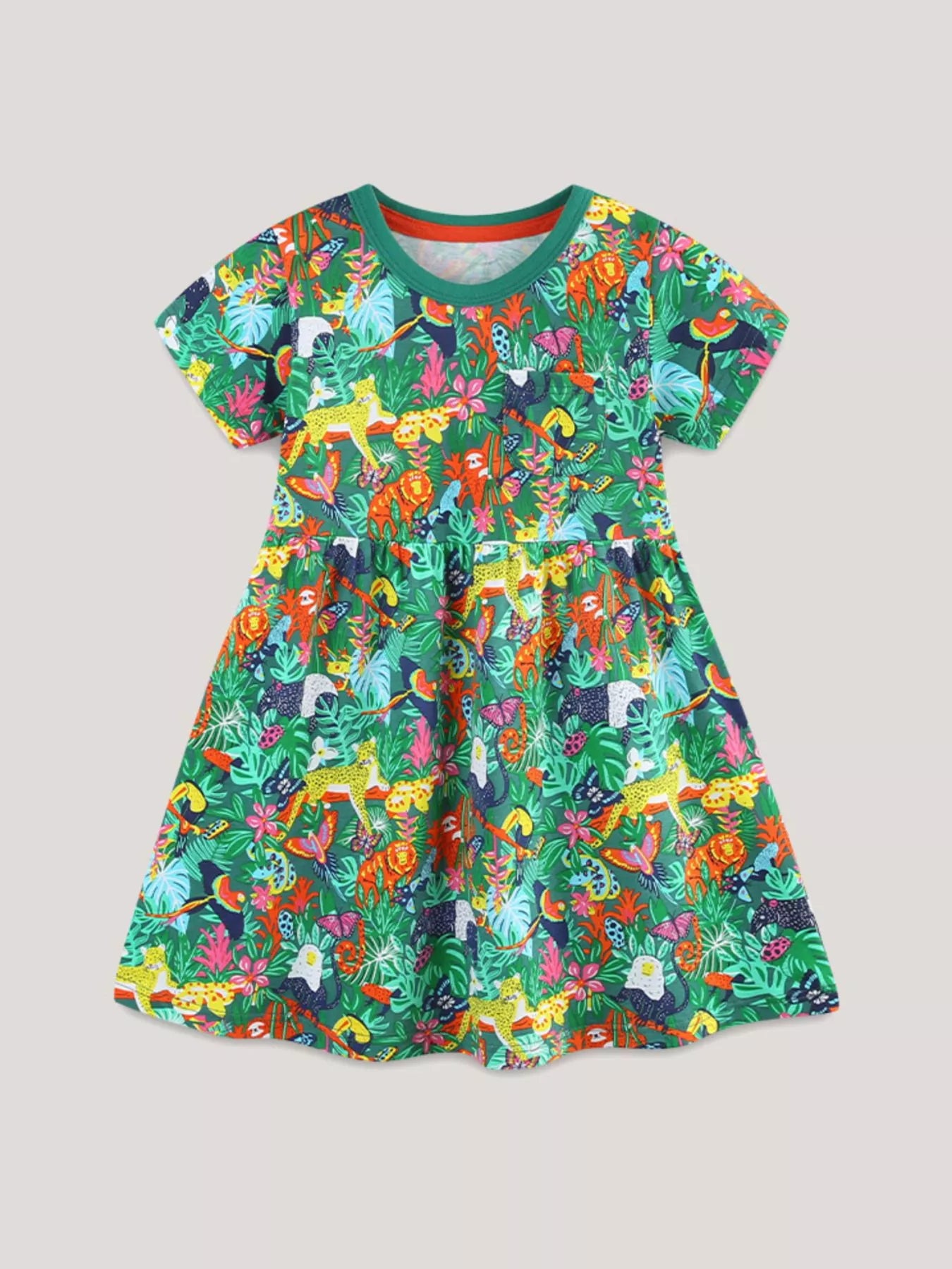 Printed Round Neck Dress in Multicolor for Girls
