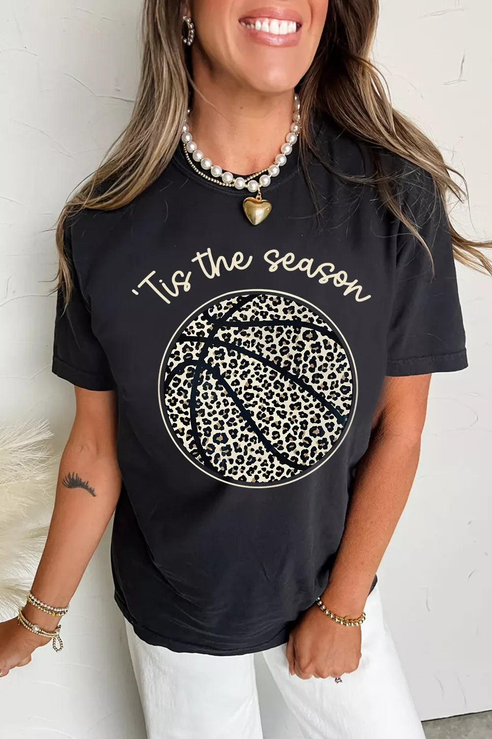 Leopard Basketball Graphic Crew Neck Tee in Black for Women
