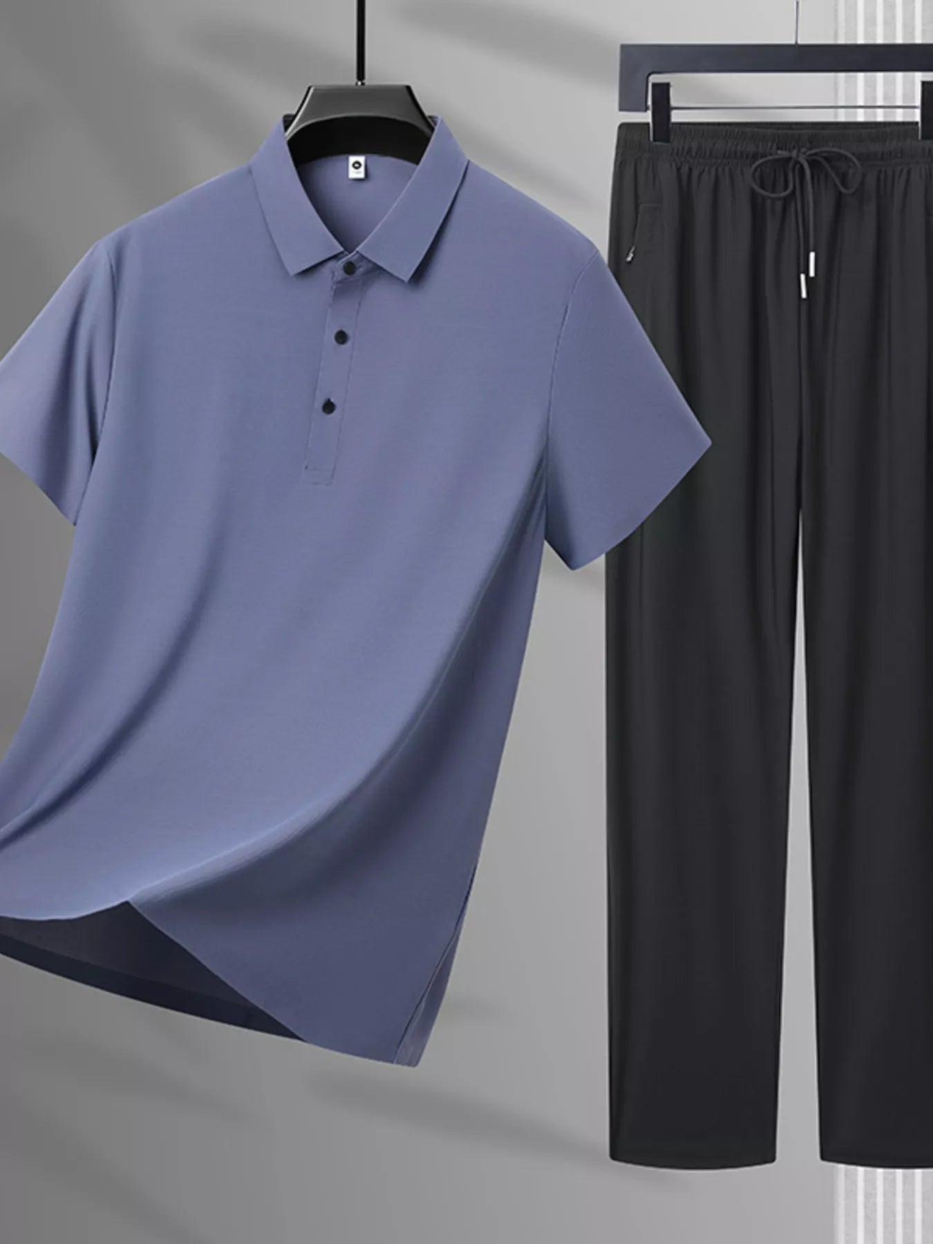 Plus Size Button Detail Polo and Pants Set in Black for Men
