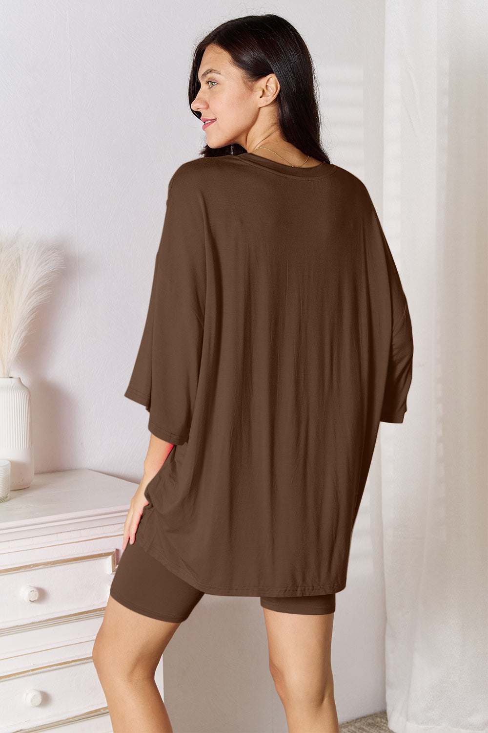 Plus Size Soft Rayon Three-Quarter Sleeve Top and Shorts Set in Mocha for Women