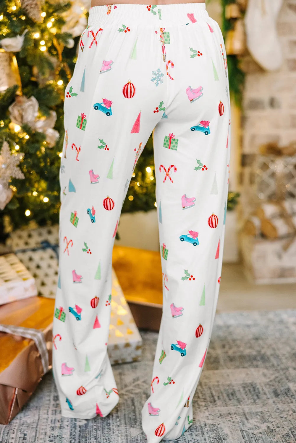 Printed Collared Neck Long Sleeve Top and Pants Lounge Set in White for Women