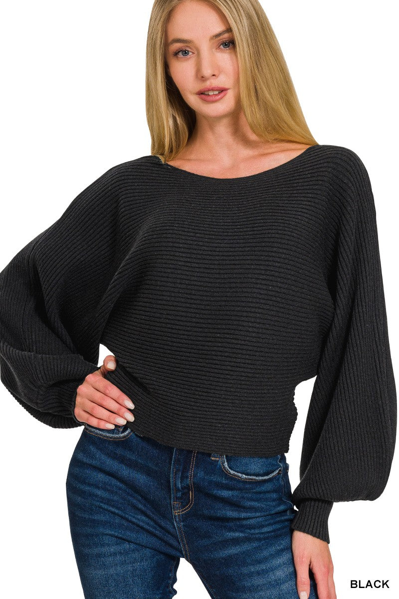 Boat Neck Balloon Sleeve Sweater in Black for Women
