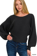 Boat Neck Balloon Sleeve Sweater in Black for Women