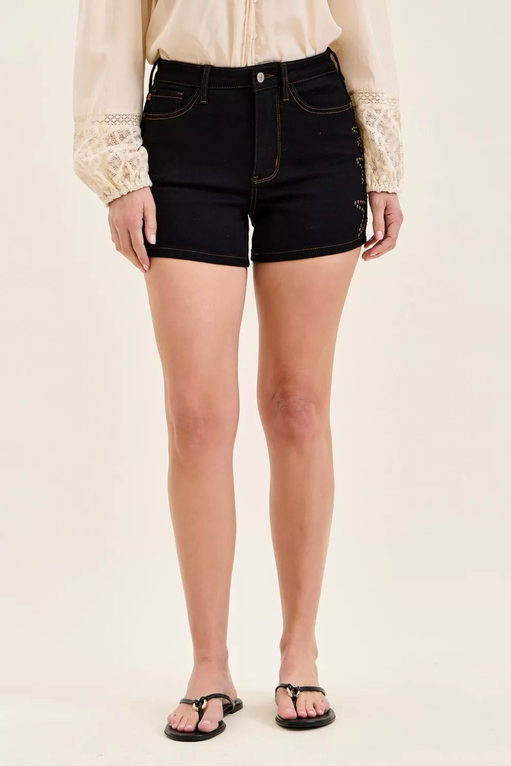 High Waist Slim Denim Short with Star Studded in Bk for Women