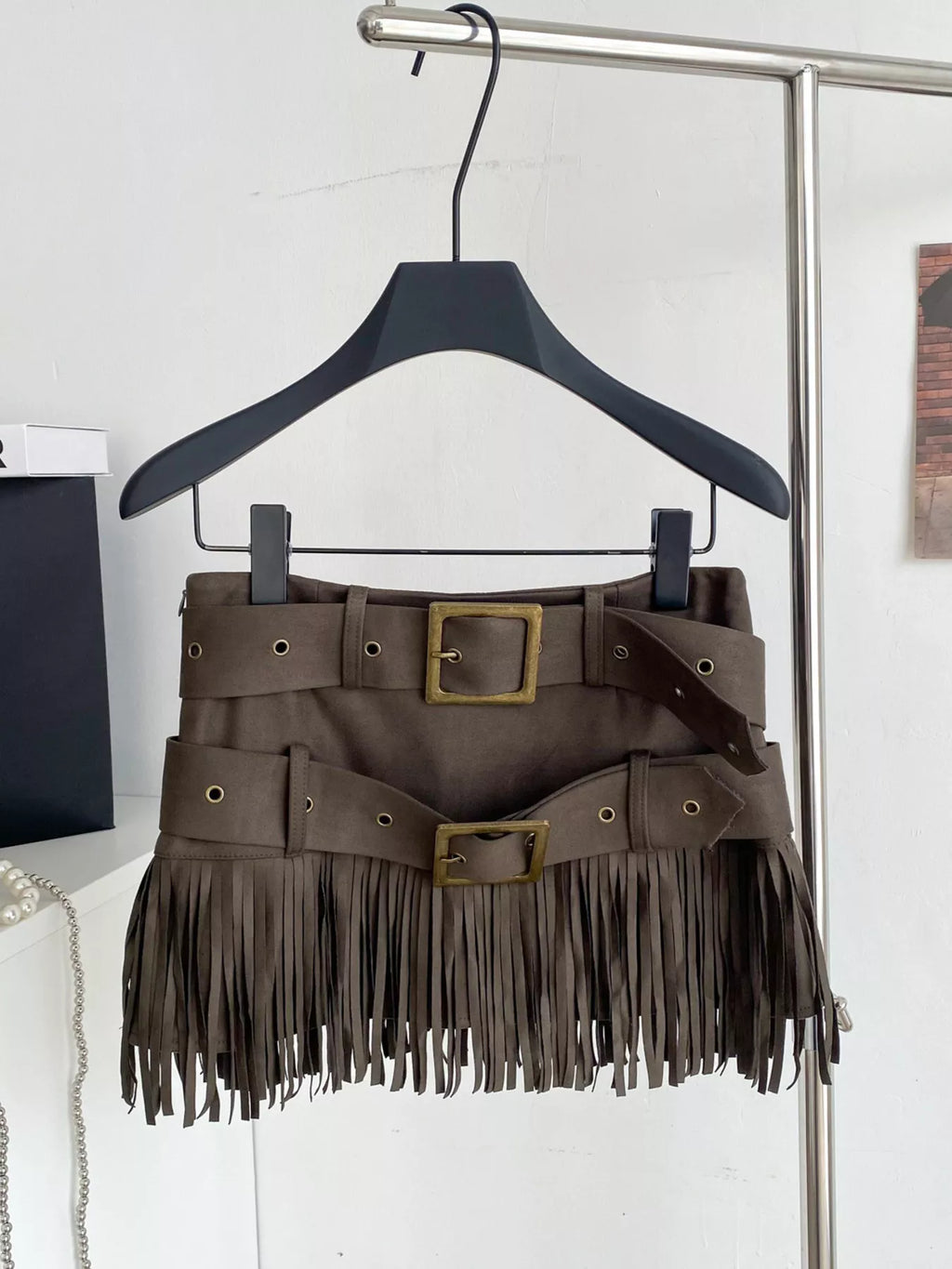 Fringe Belted Mini Skirt in Army Green for Women