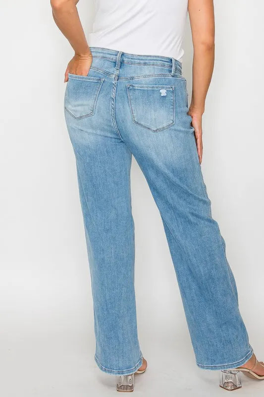Plus Size Distressed High Rise Straight Jeans in Medium for Women
