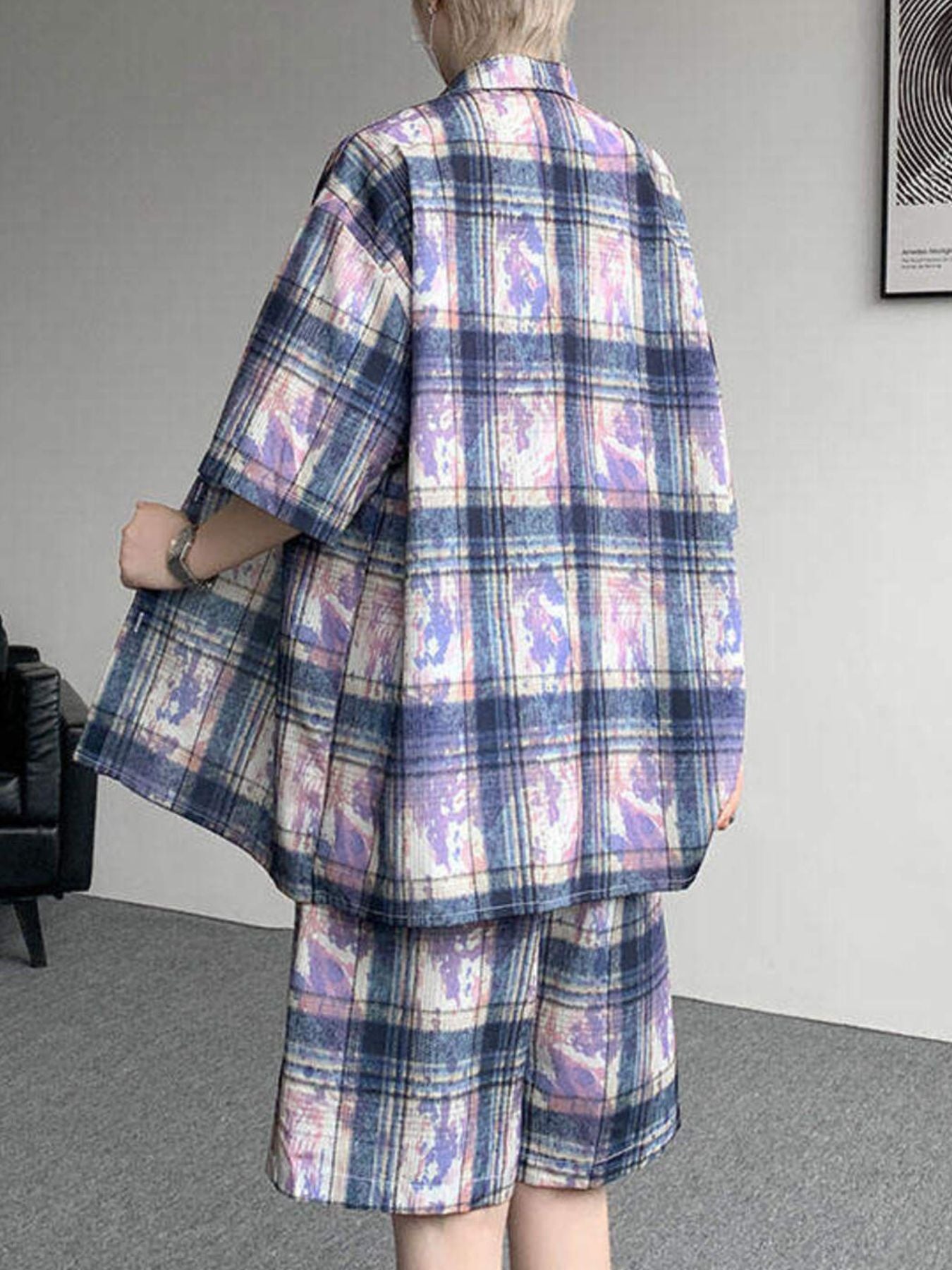 Plus Size Casual Plaid Print Shirt & Shorts Set in Purple for Men