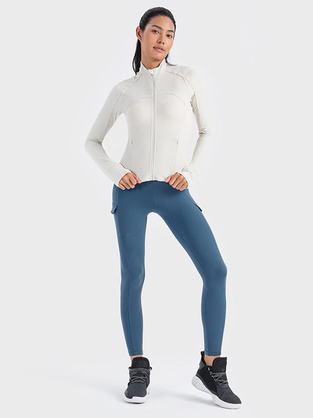 Zip-Up Long Sleeve Sports Jacket in White for Women