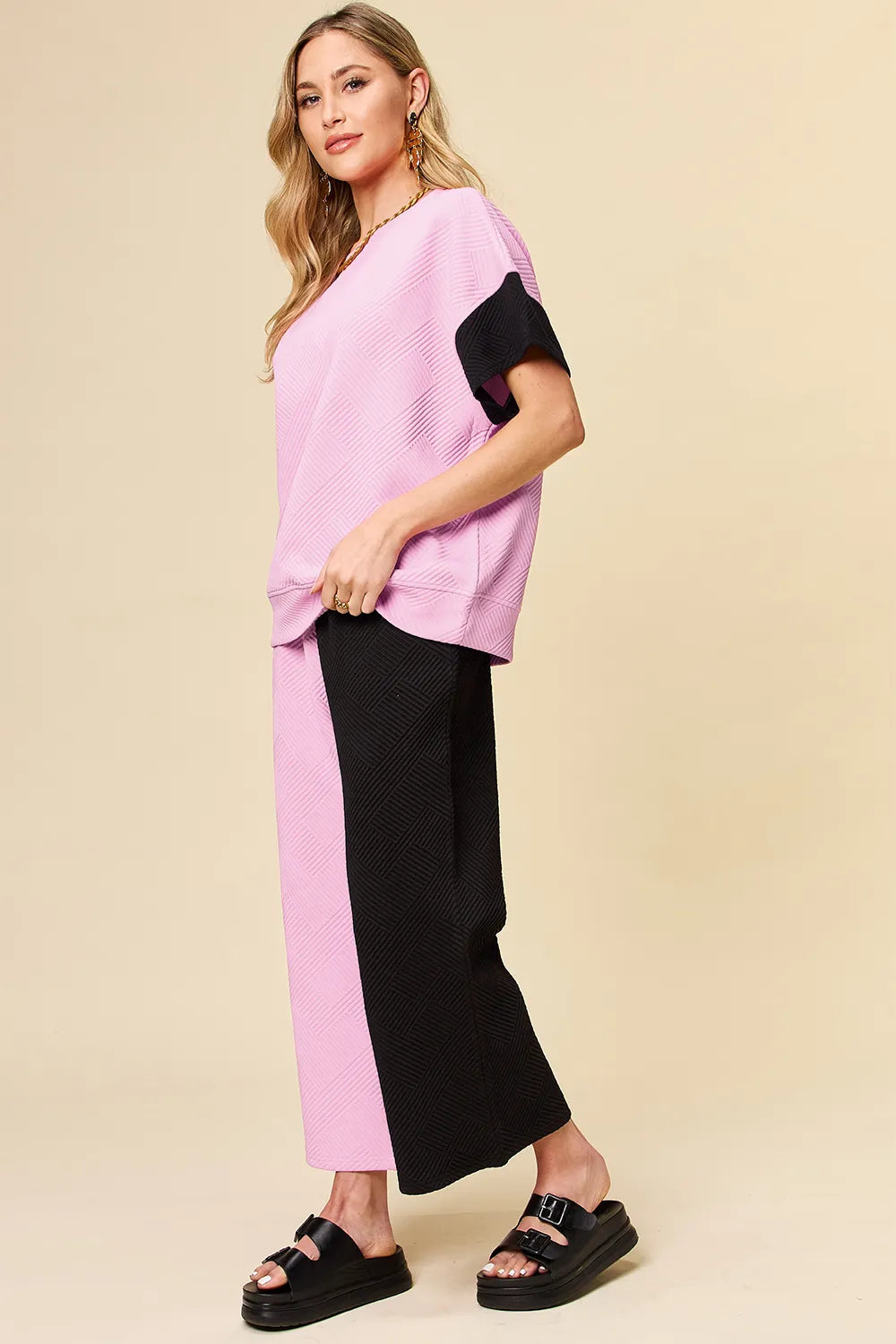 Plus Size Texture Contrast T-Shirt and Wide Leg Pants Set in Royal Blue for Women