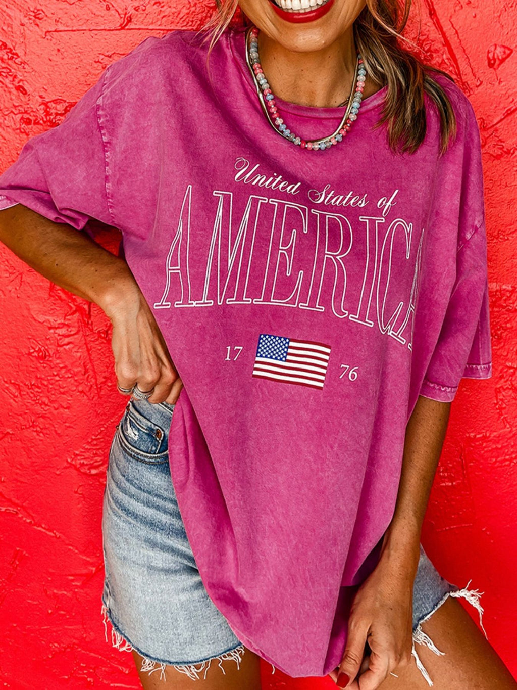 America 1776 Graphic Mineral Wash Cotton Tee in Cerise for Women