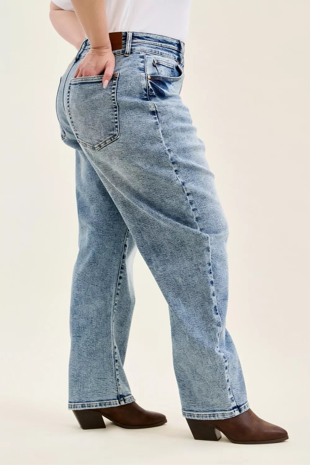 High Waist Marlow Arc Leg Jeans with Double Waistband Plus Size in Light for Women