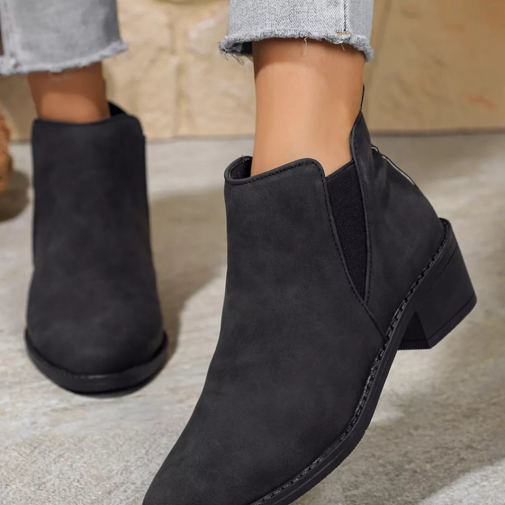 Point Toe Block Heels Ankle Boots in Black for Women