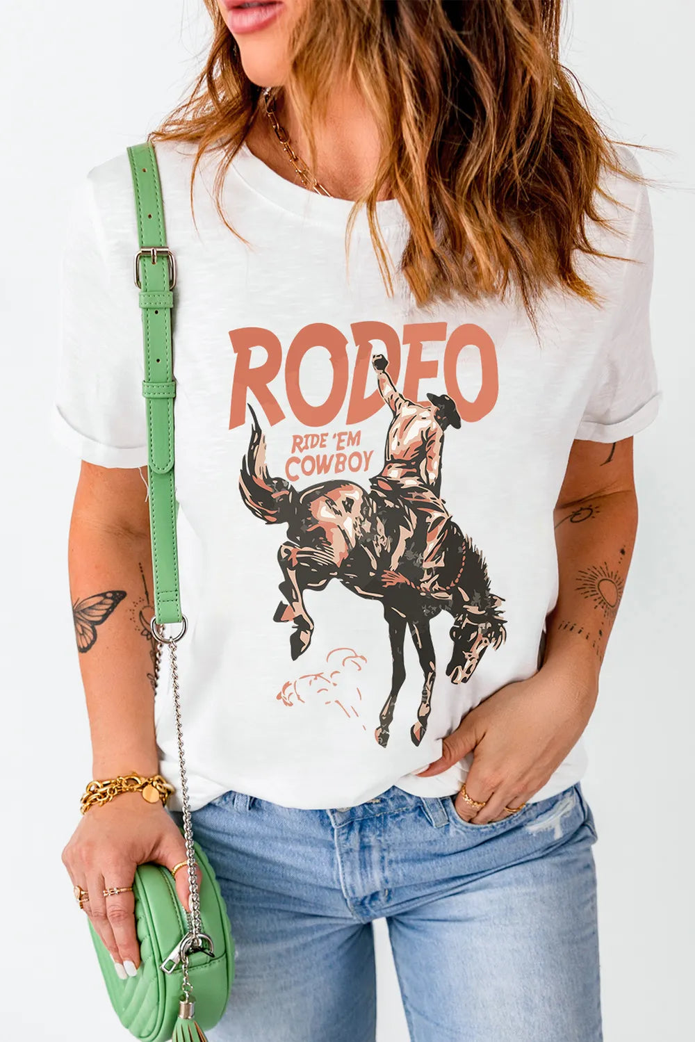 Cowboy Graphic Round Neck Short Sleeve T-Shirt in White for Women
