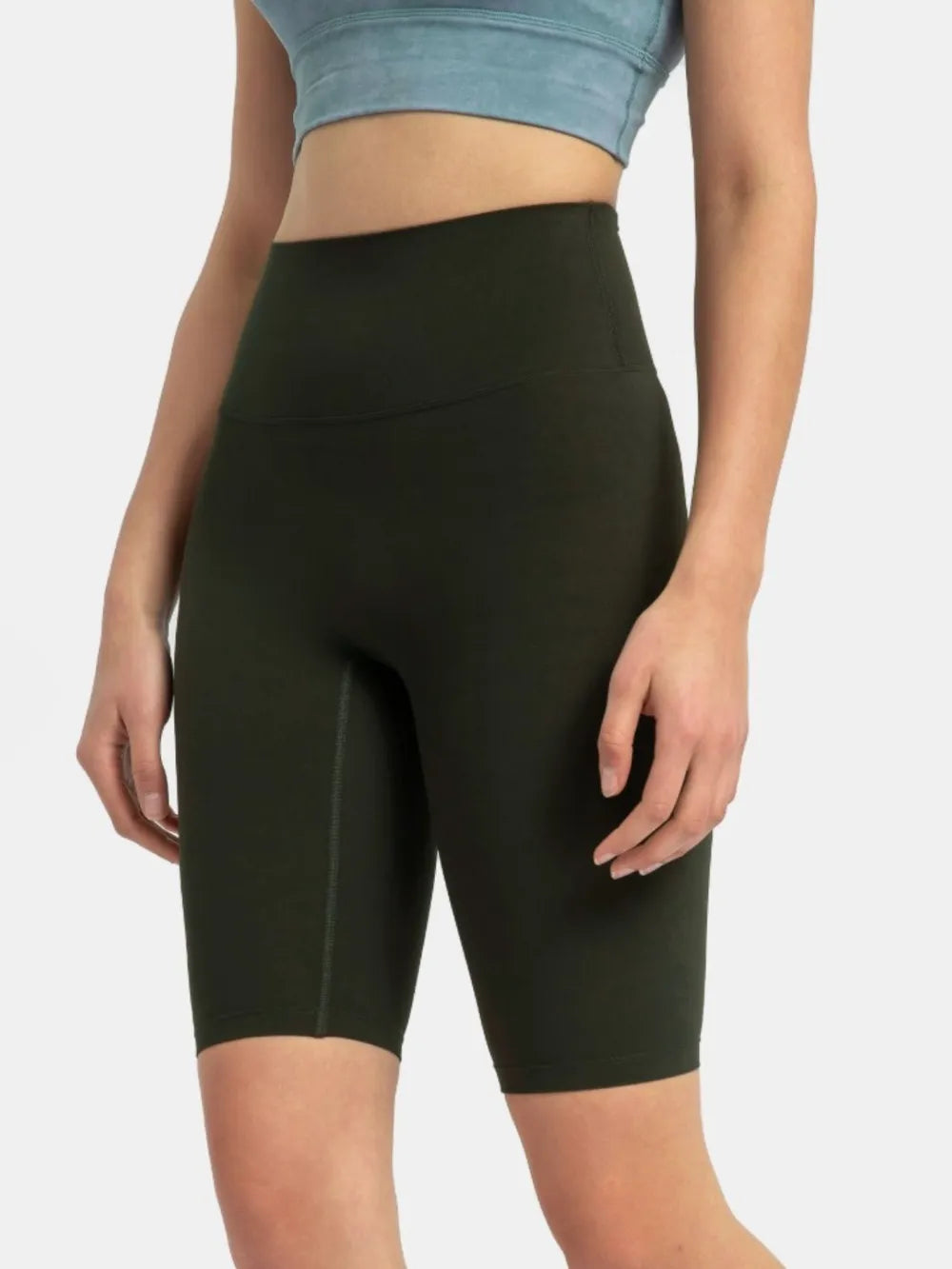 High Rise Wide Waistband Active Shorts in Dark Brown in Vintage Green for Women