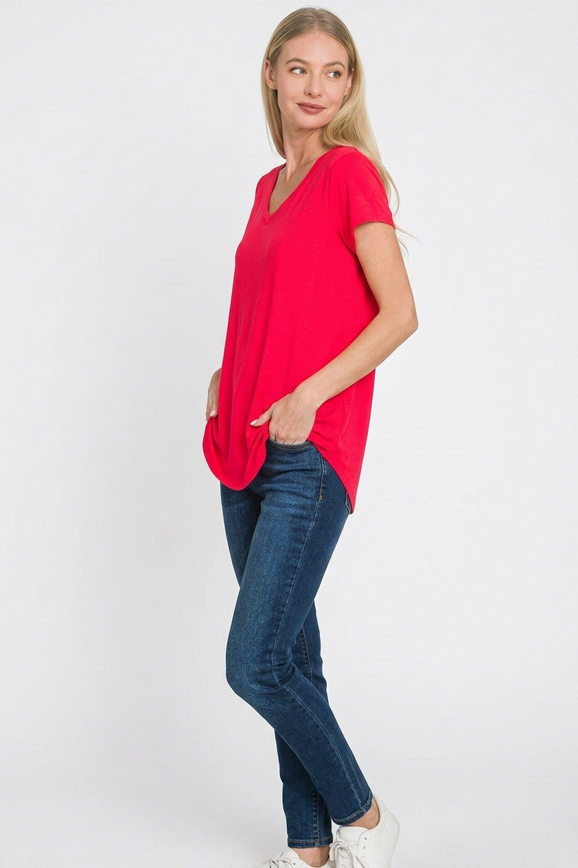 Rayon Short Sleeve V-Neck Round Hem Top in Ruby for Women