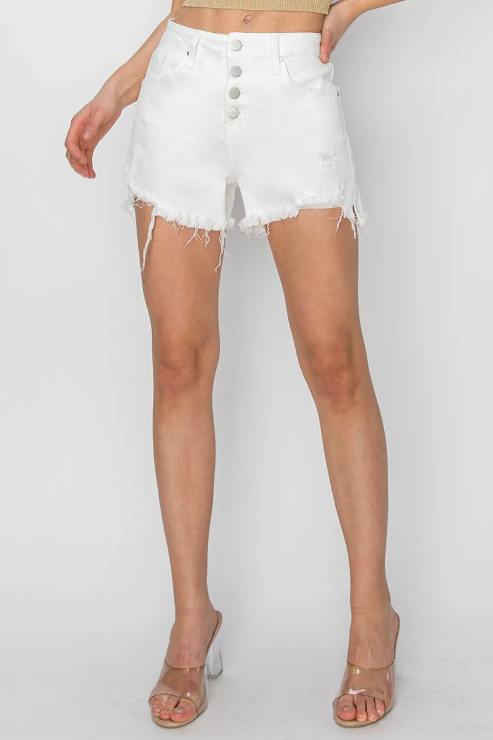 Button Fly Frayed Hem Denim Shorts for Women
