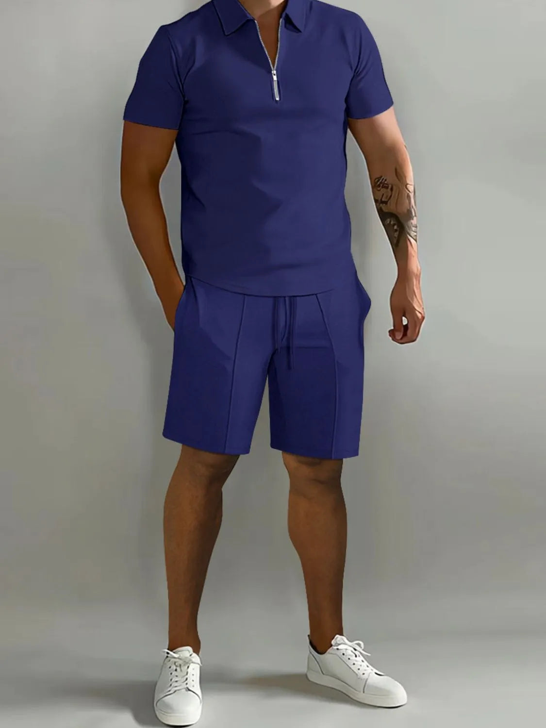 Collared Neck Short Sleeve Top and Shorts Set Plus Size in Gray for Men