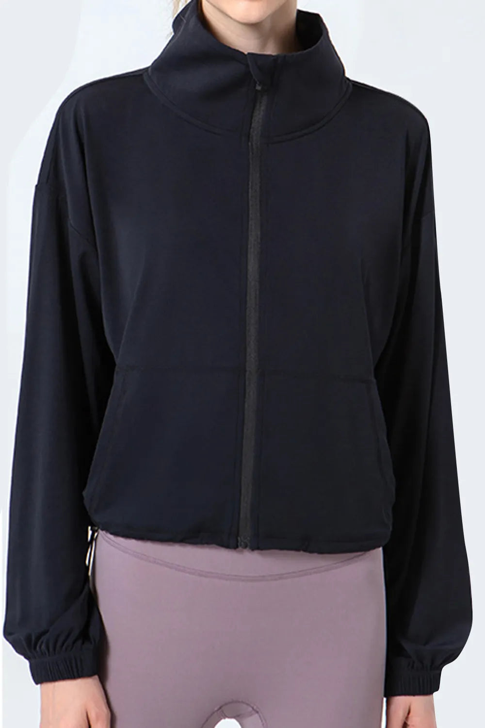 Drawstring Zip Up Dropped Shoulder Active Outerwear in Dusty Pink for Women