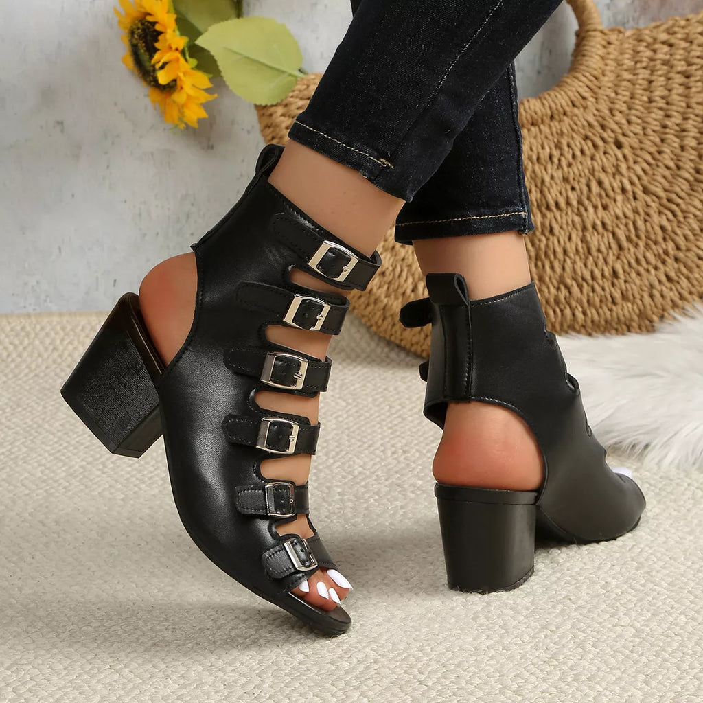 Buckle Block Heels Sandals in Black for Women