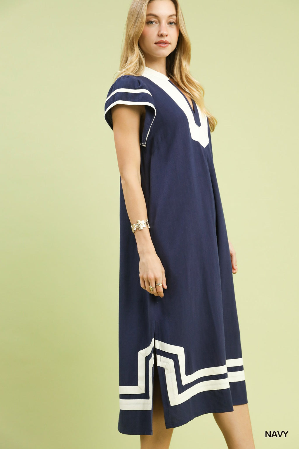 Linen Cotton Contrast Neckline Midi Dress in Navy for Women