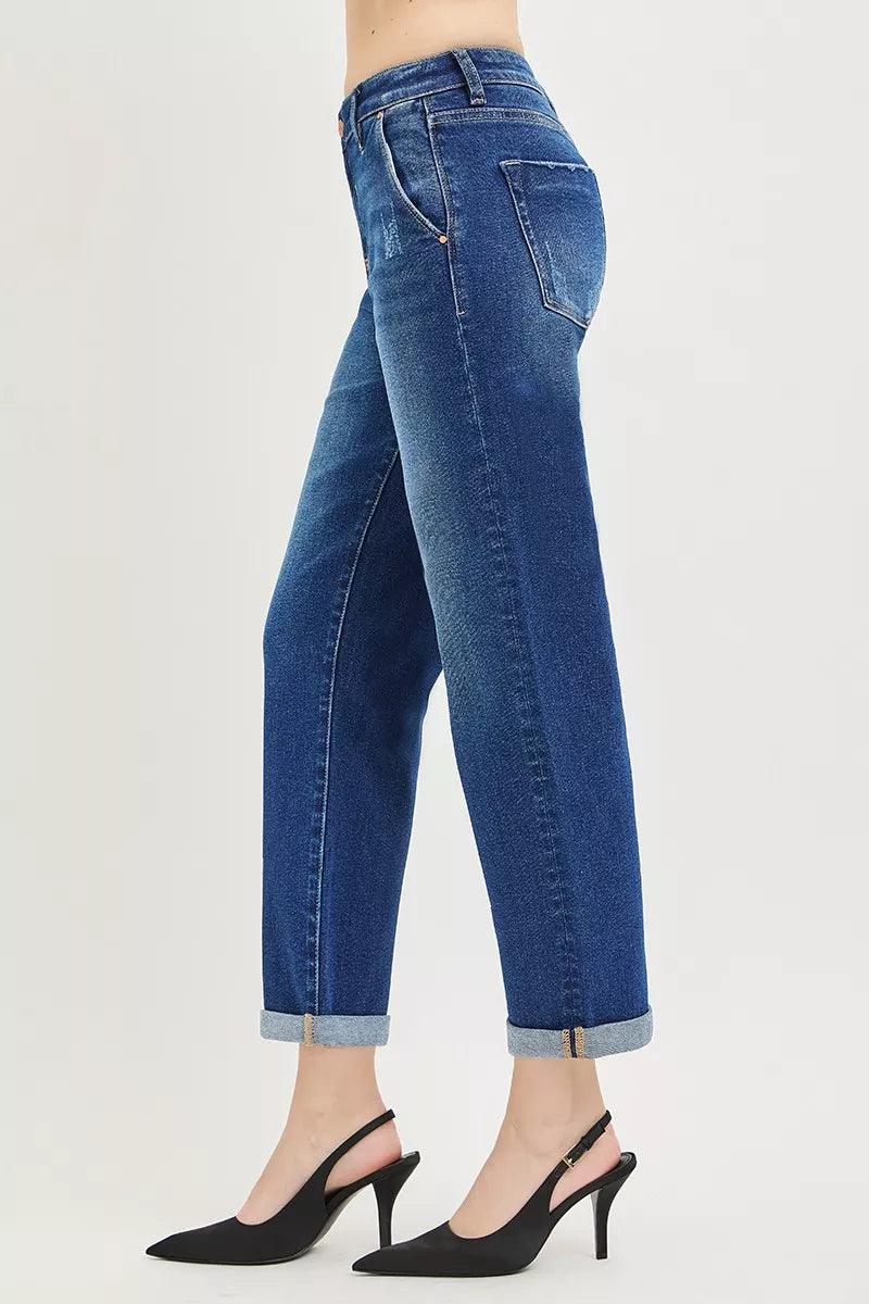 Slouchy Cropped Boyfriend Jeans with Cuffed Hem in Dark for Women