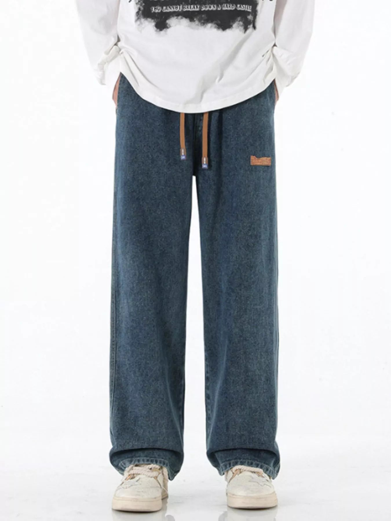 Plus Size Wide Leg Drawstring Jeans in Light Blue for Men