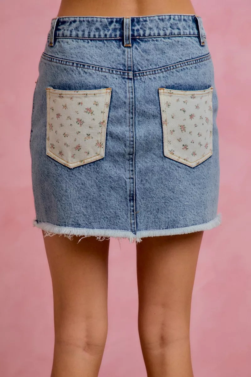 Washed Denim Floral Contrast Pockets Mini Skirt for Women