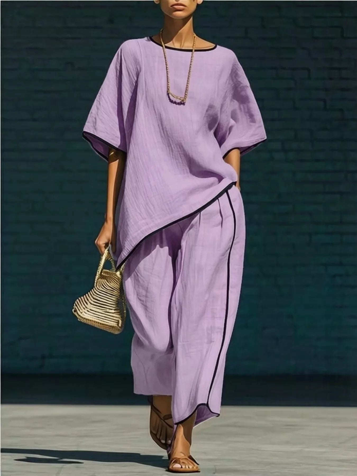 Contrast Trim Round Neck Top and Pants Set in Sky Blue for Women
