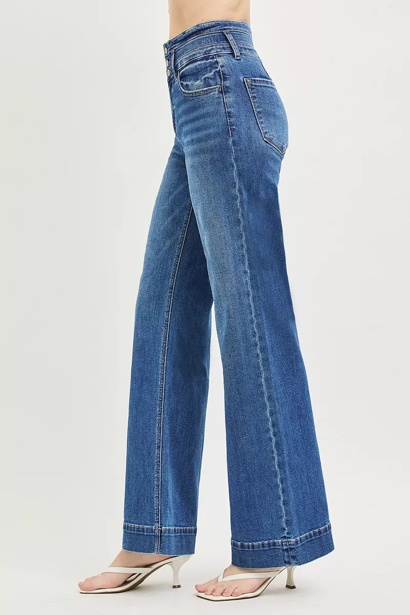 High Rise Wide Leg Wide Band Detail Jeans in Dark for Women