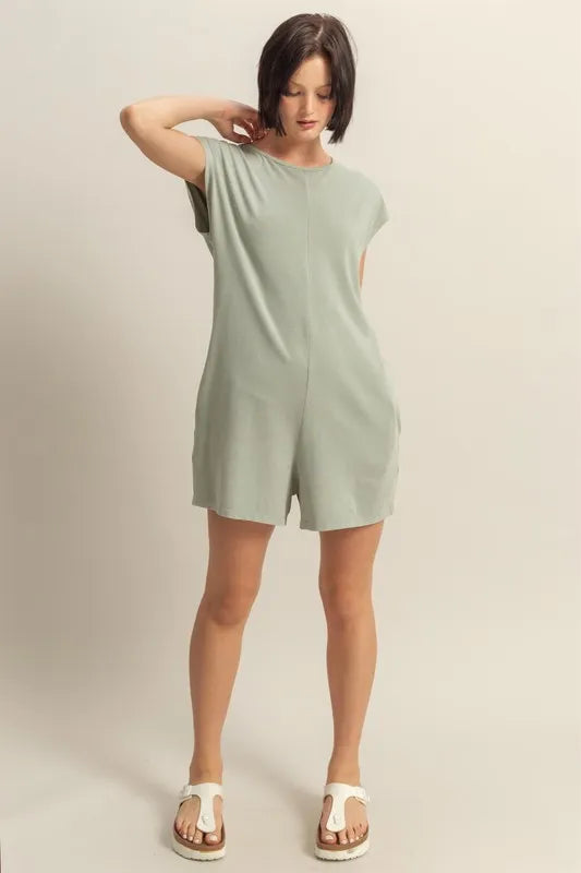 Round Neck Cap Sleeve Relaxed Fit Breezy Romper in Sage for Women