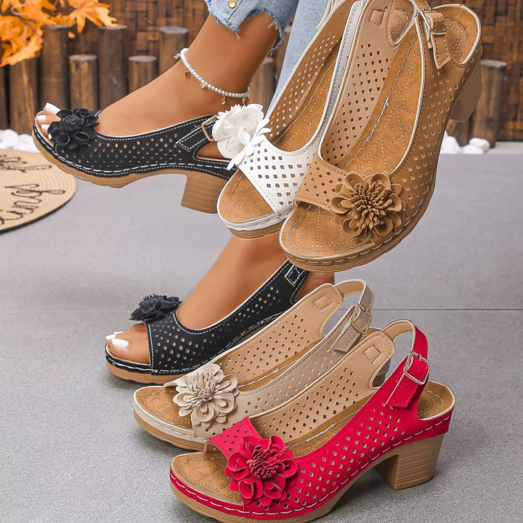 Floral Accent Block Heel Sandals in Red for Women