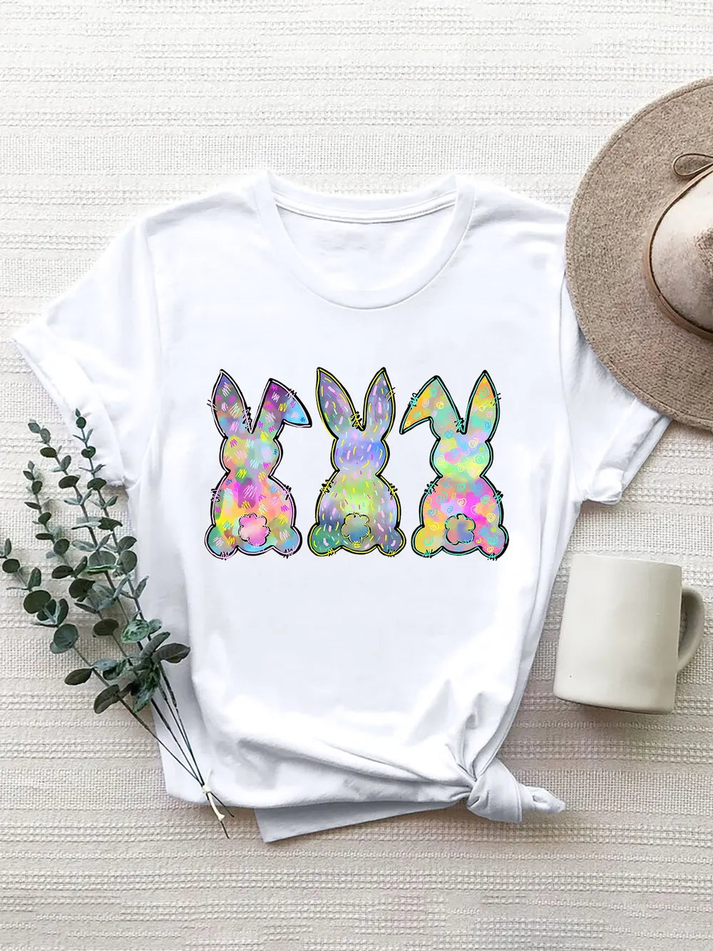 Rabbit Round Neck Short Sleeve T-Shirt in White for Women