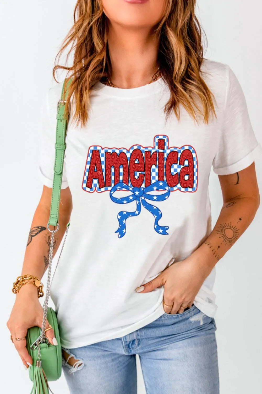 Funky America Letter Bow Round Neck T-Shirt in White for Women