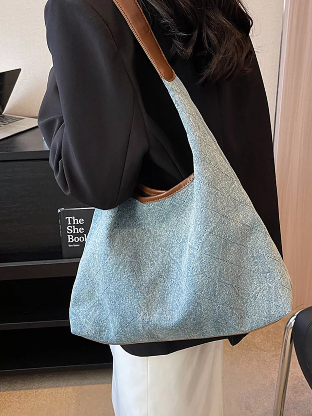 Denim Shoulder Bag with Leather Trim for Women