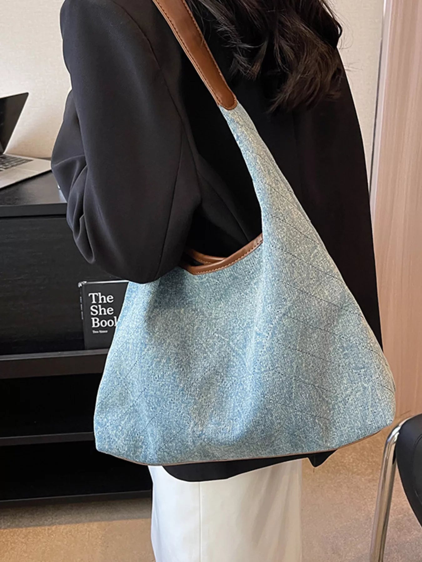 Denim Shoulder Bag with Leather Trim for Women