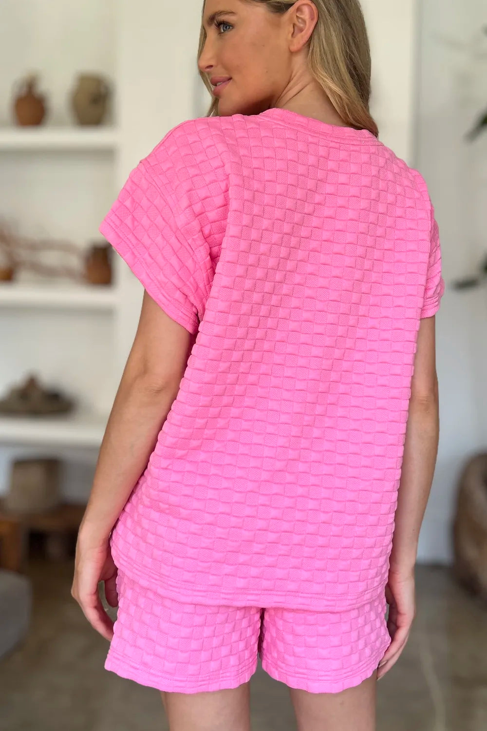 Plus Size Texture T-Shirt and Shorts Set in Pink for Women