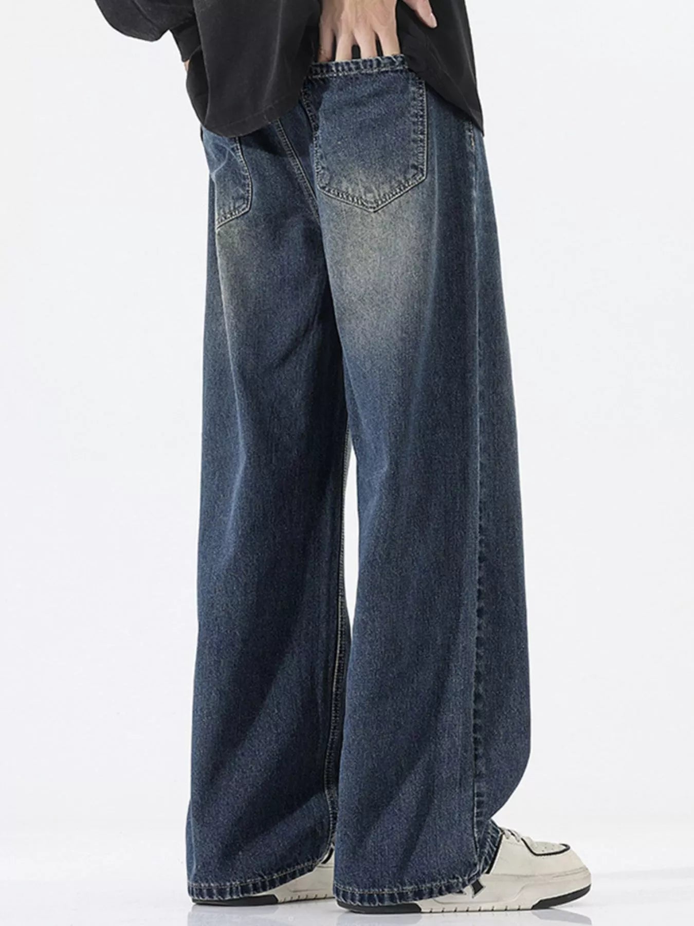 Vintage Wash Wide Leg Jeans Plus Size in Ash for Men