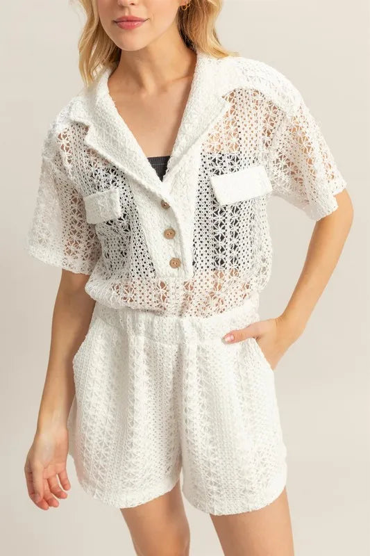 Crochet Button Front Short Sleeve Romper for Women
