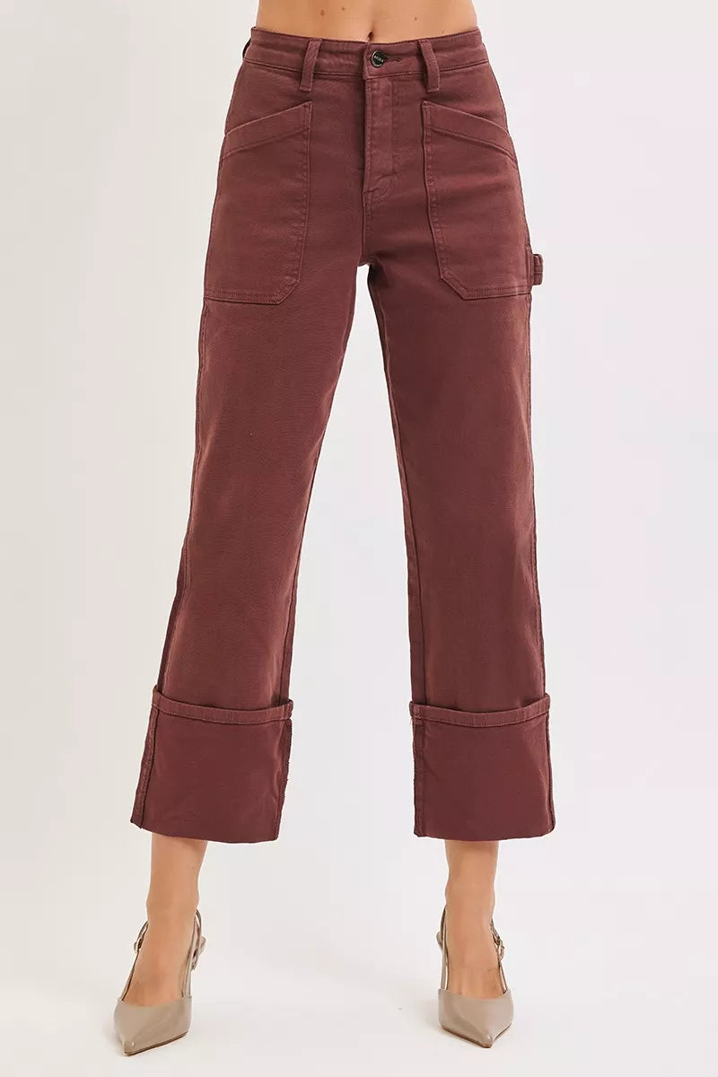 High Rise Wide Straight Cuffed Patch Jeans Plus Size in Choco Brown for Women