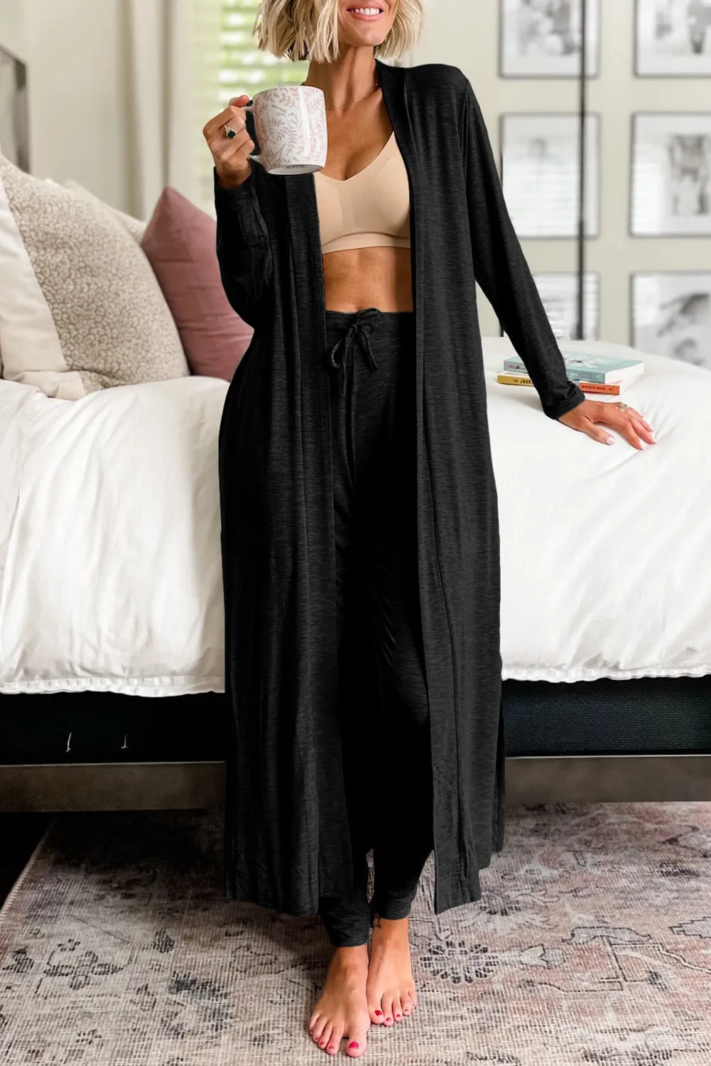 Open Front Long Sleeve Cardigan and Pants Lounge Set in Black for Women