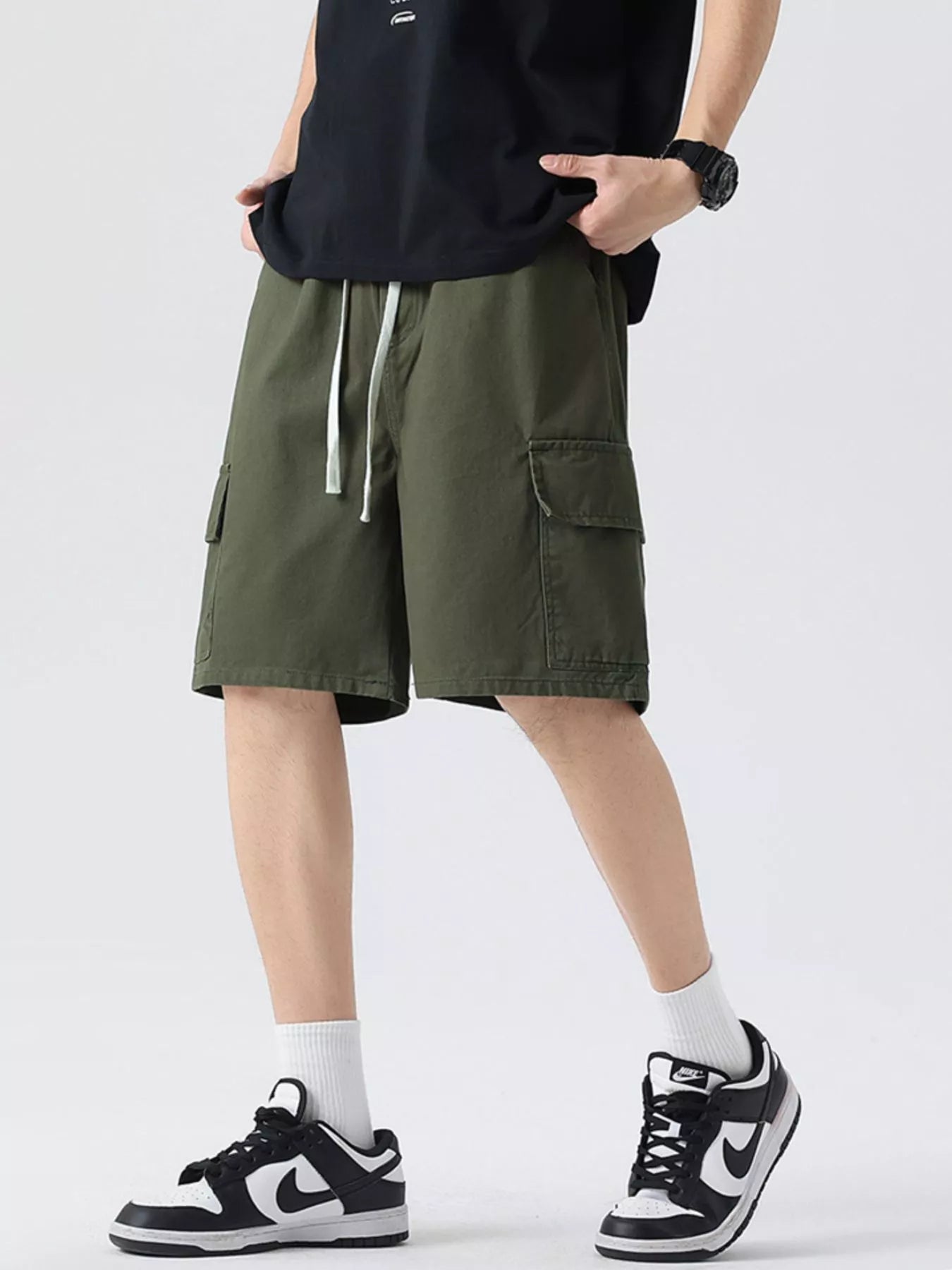 Drawstring Loose Fit Shorts Plus Size in Military Green in Khaki for Men