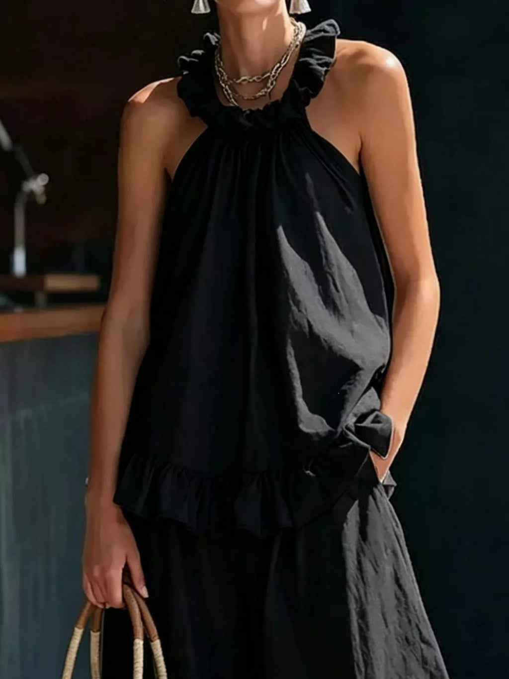 Plus Size Ruffled Halter Neck Top and Wide Leg Pants Set in Blue for Women