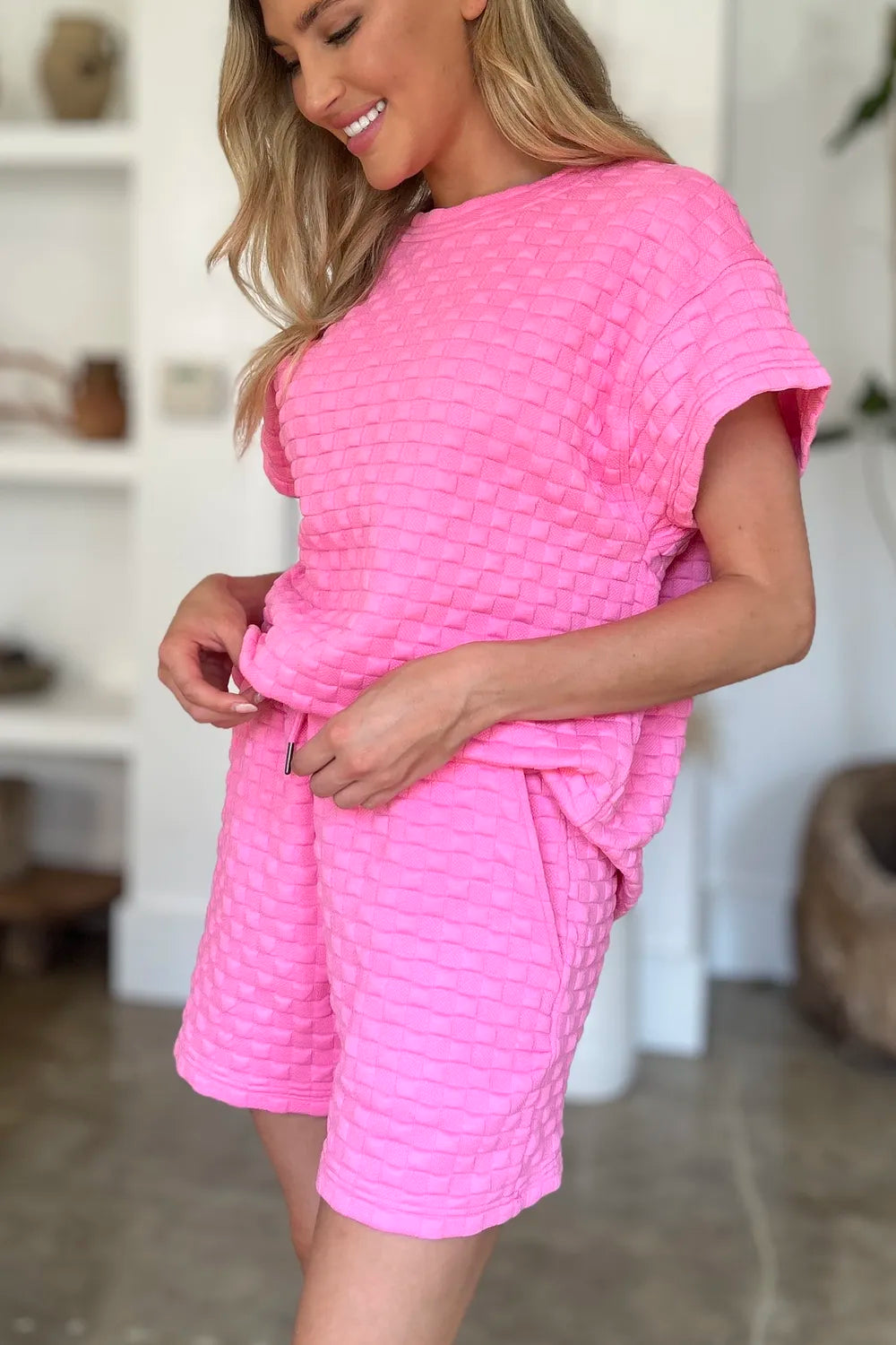 Plus Size Texture T-Shirt and Shorts Set in Pink for Women