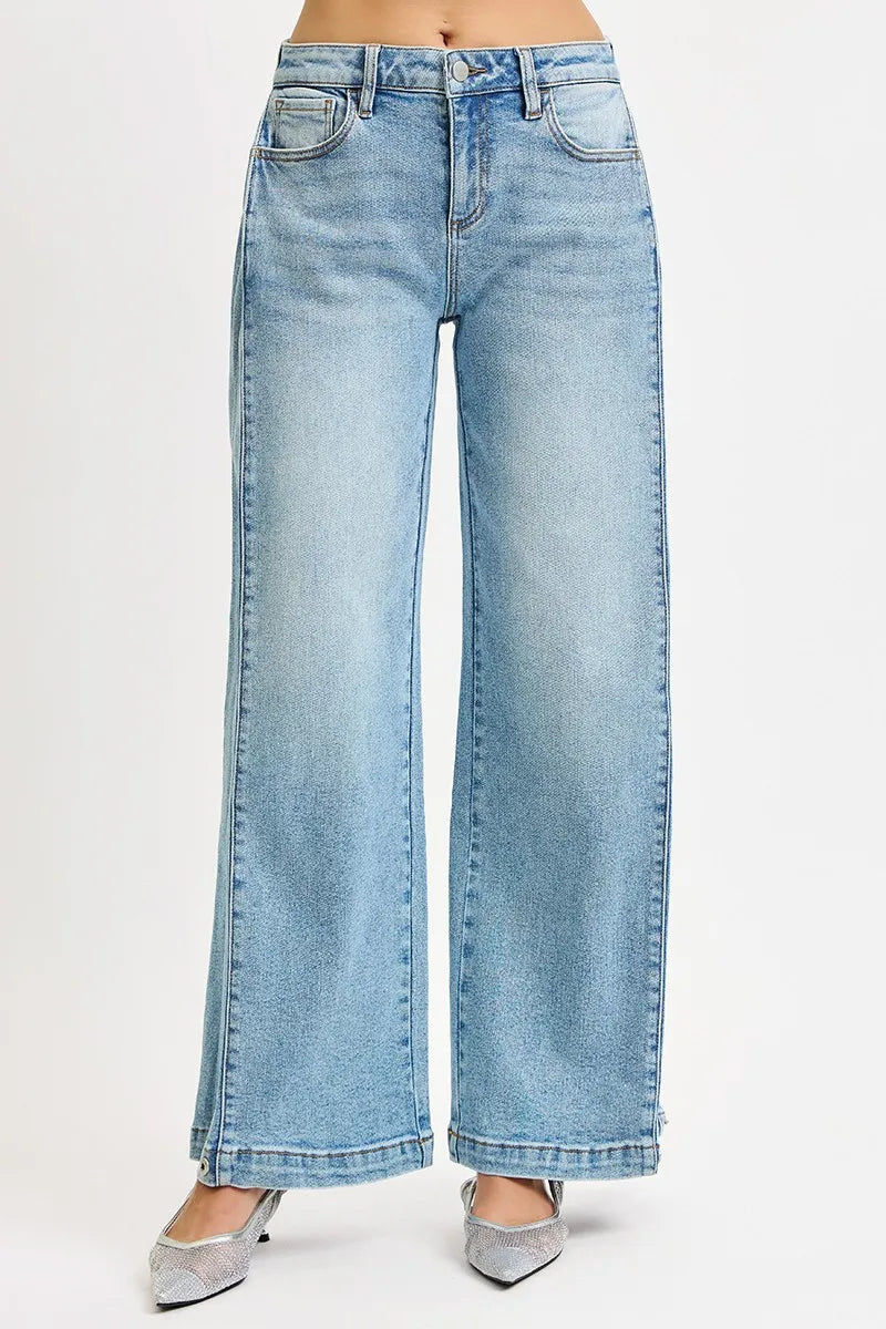 Mid Rise Wide Barrel Transferable Leg Snap Jeans in Medium for Women