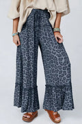 Leopard Print Frilled Detail Drawstring Wide Leg Pants in Dark Navy for Women