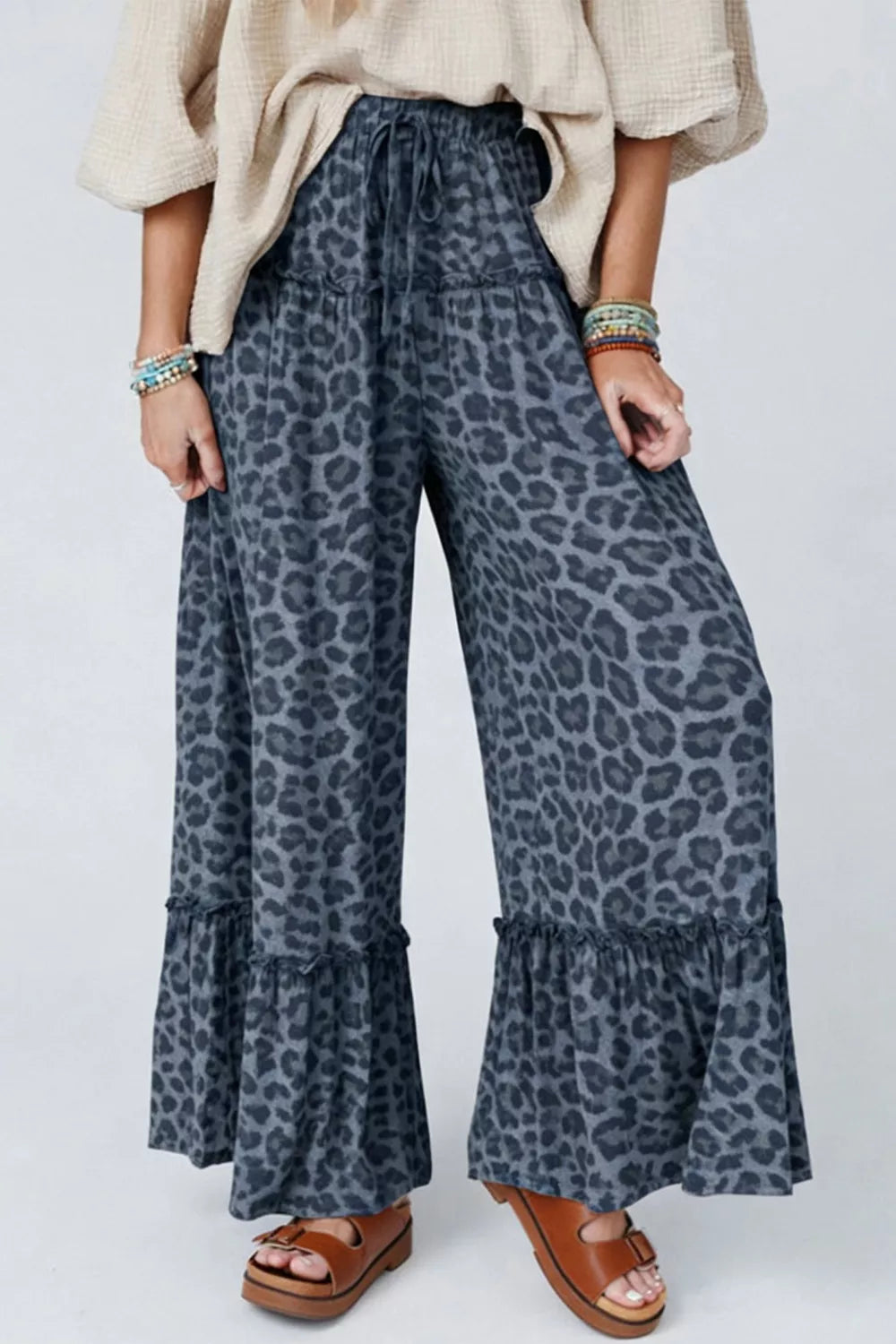 Leopard Print Frilled Detail Drawstring Wide Leg Pants in Dark Navy for Women
