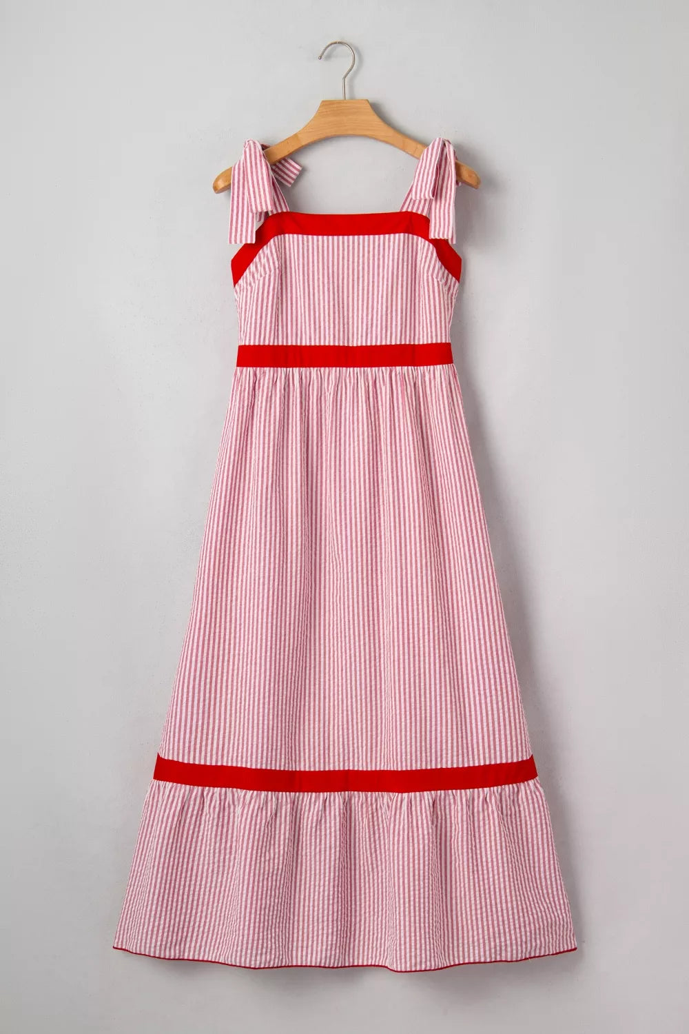 Stripe Bow Knot Straps Contrast Trim High Waist Ruffle Hem Maxi Dress for Women